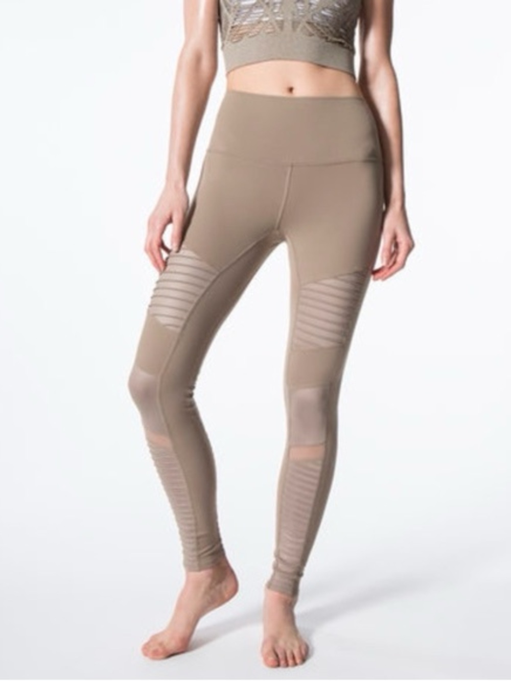 ALO Yoga Taupe Ribbed-Panel High-Waist Leggings